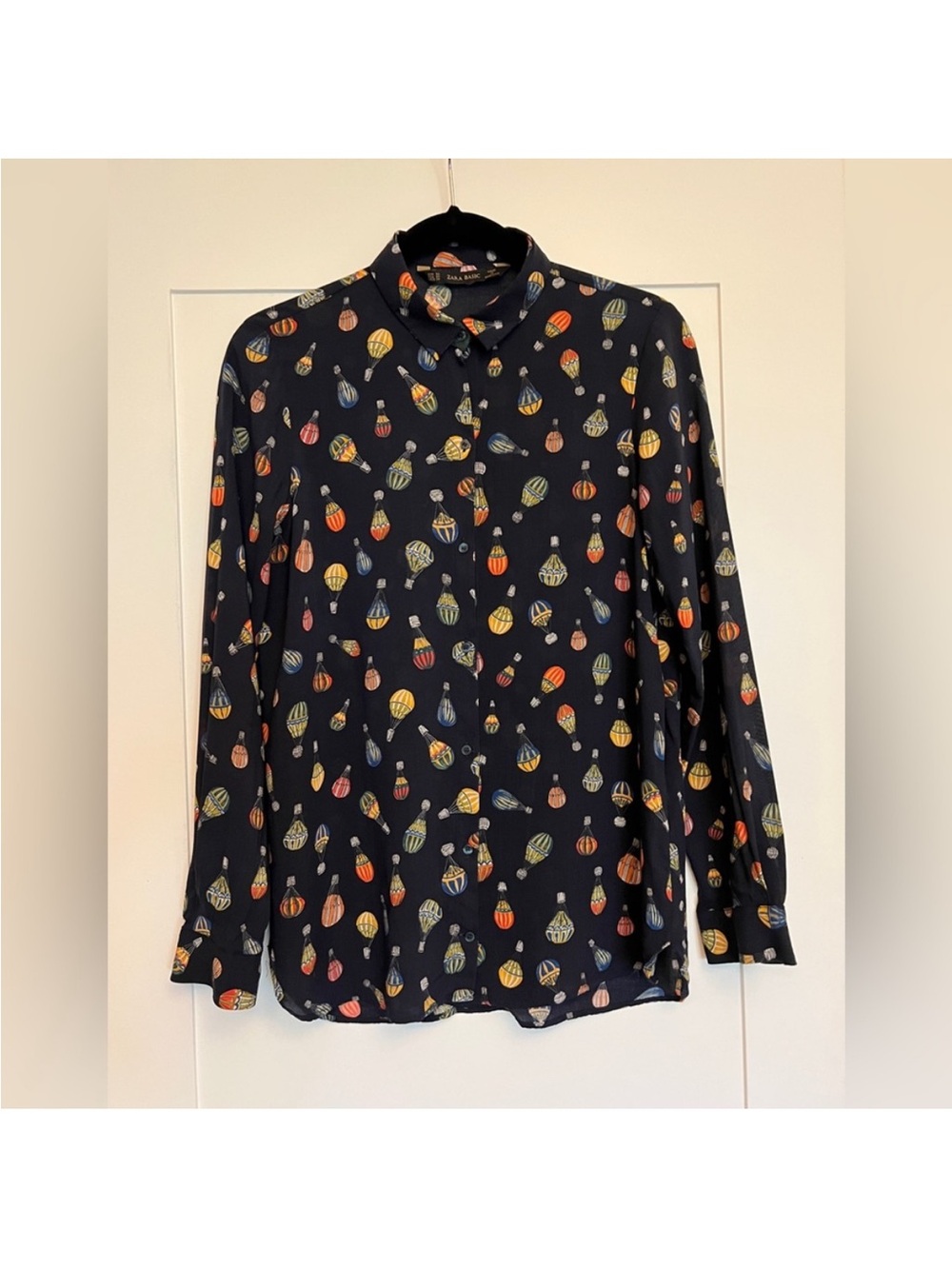 ❤️Zara Hot Air Balloon Watercolor Navy Shirt Emerald Green Trim S - Picture 2 of 6